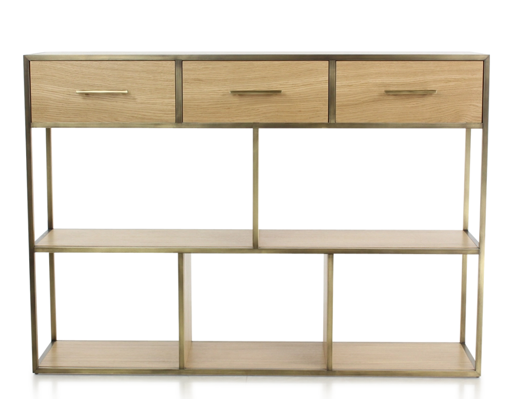 Console design frêne teinte naturelle et métal patine laiton Console design frêne teinte naturelle et métal patine laiton