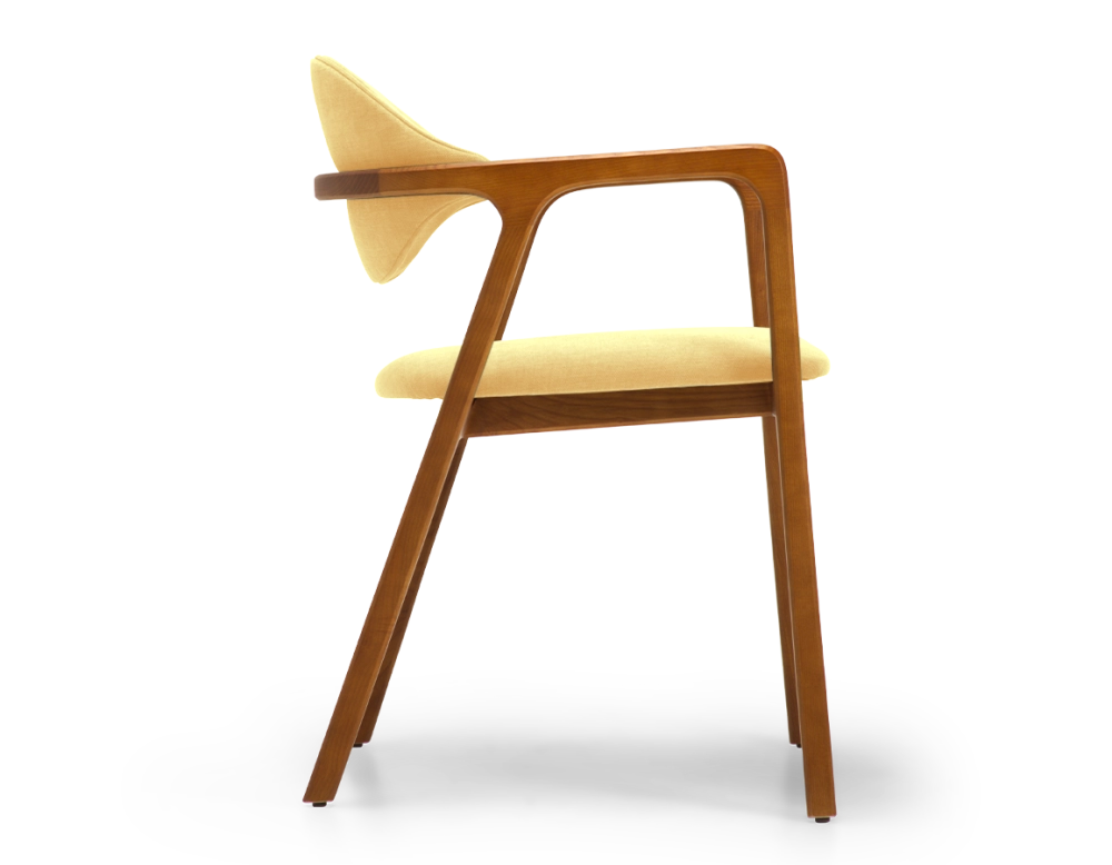 Chaise design avec accoudoirs bois teinte merisier et tissu jaune Chaise design avec accoudoirs bois teinte merisier et tissu jaune