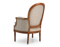 Louis XVI style bergère armchair wood antique stain and white and taupe houndstooth fabric Louis XVI style bergère armchair wood antique stain and white and taupe houndstooth fabric
