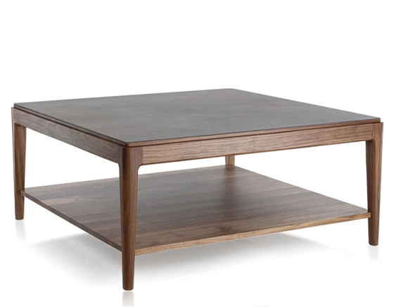 Square coffee table in walnut and ceramic with shelf in natural stained wood, oxidised brown ceramic top 100x100 cm