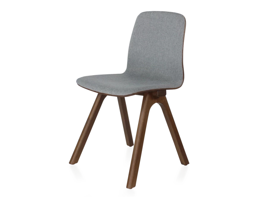 Chaise design en chêne tapissé bois teinte marron foncé assise tissu gris clair