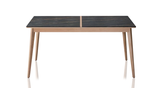 Table salle à manger 6 personnes en chêne et céramique avec bois teinte naturelle et plateau céramique effet marbre noir 140x90 cm