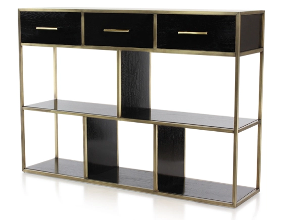 Console design frêne laqué noir et métal patine laiton