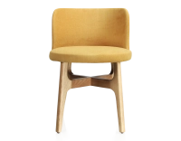 Chaise design bois teinte naturelle assise tissu jaune Chaise design bois teinte naturelle assise tissu jaune