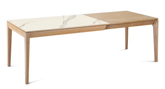 Table extensible 6 à 10 personnes en chêne et céramique allonges bois avec bois teinte naturelle et plateau céramique effet marbre blanc 160x90 cm