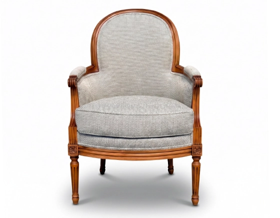 Fauteuil bergère mouluré style Louis XVI bois teinte ancienne et tissu chiné gris bleu