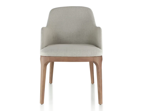 Chaise design avec accoudoirs bois teinte noyer et tissu beige naturel