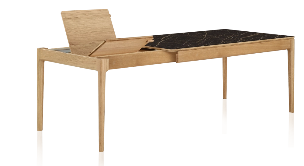 Table extensible 6 à 10 personnes en chêne et céramique allonges bois avec bois teinte naturelle et plateau céramique effet marbre noir 140x90 cm Table extensible 6 à 10 personnes en chêne et céramique allonges bois avec bois teinte naturelle et plateau céramique effet marbre noir 140x90 cm