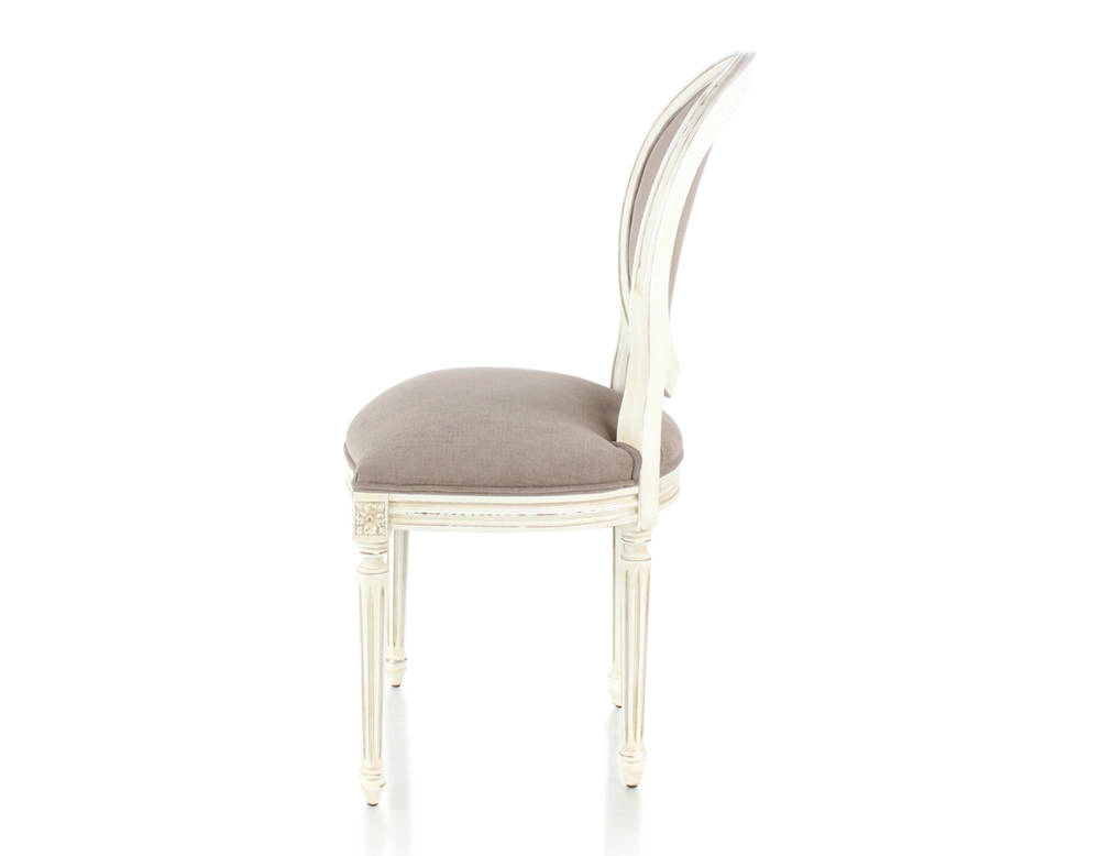 Chaise ancienne style Louis XVI bois teinte blanche cérusée et tissu taupe Chaise ancienne style Louis XVI bois teinte blanche cérusée et tissu taupe