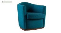 Club armchair fabric tissu bleu socle bois teinte noyer