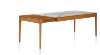 Table extensible 8 à 12 personnes en chêne et céramique allonges bois avec bois teinte merisier et plateau céramique effet marbre blanc 210x90 cm Table extensible 8 à 12 personnes en chêne et céramique allonges bois avec bois teinte merisier et plateau céramique effet marbre blanc 210x90 cm
