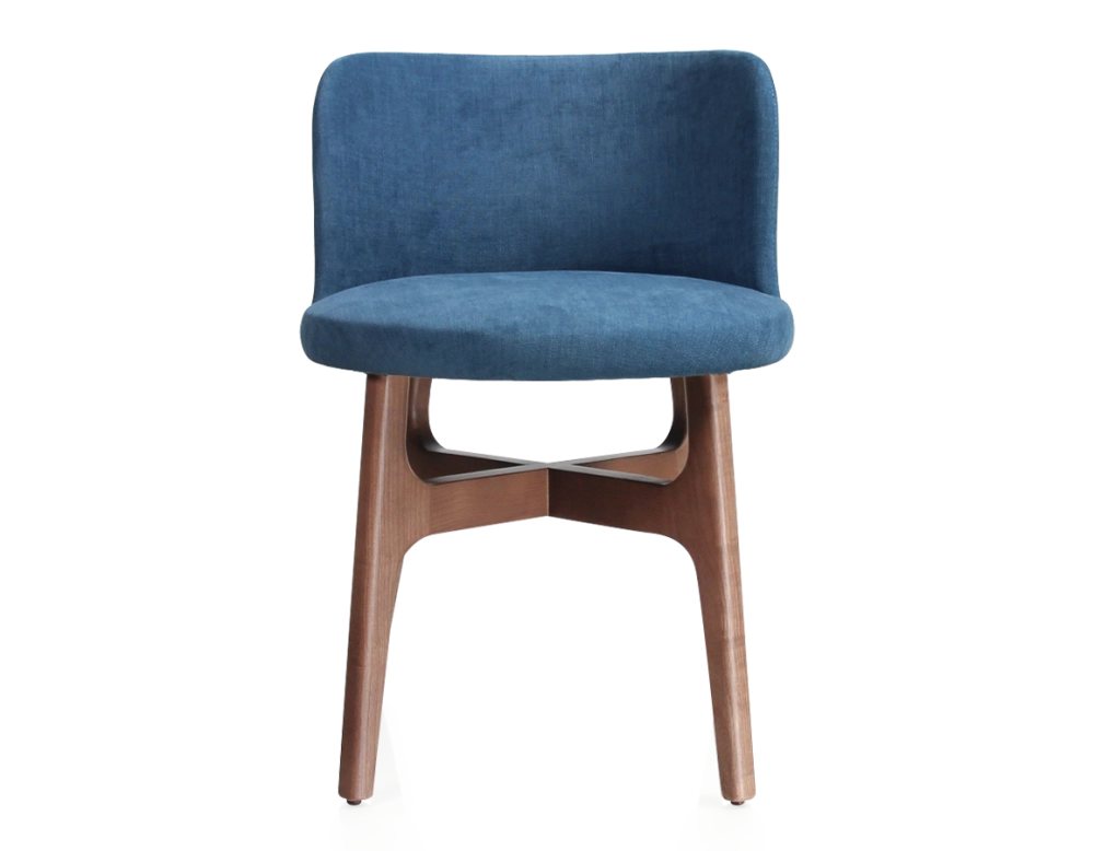 Designer chair walnut-stained wood, denim-blue fabric seat Designer chair walnut-stained wood, denim-blue fabric seat