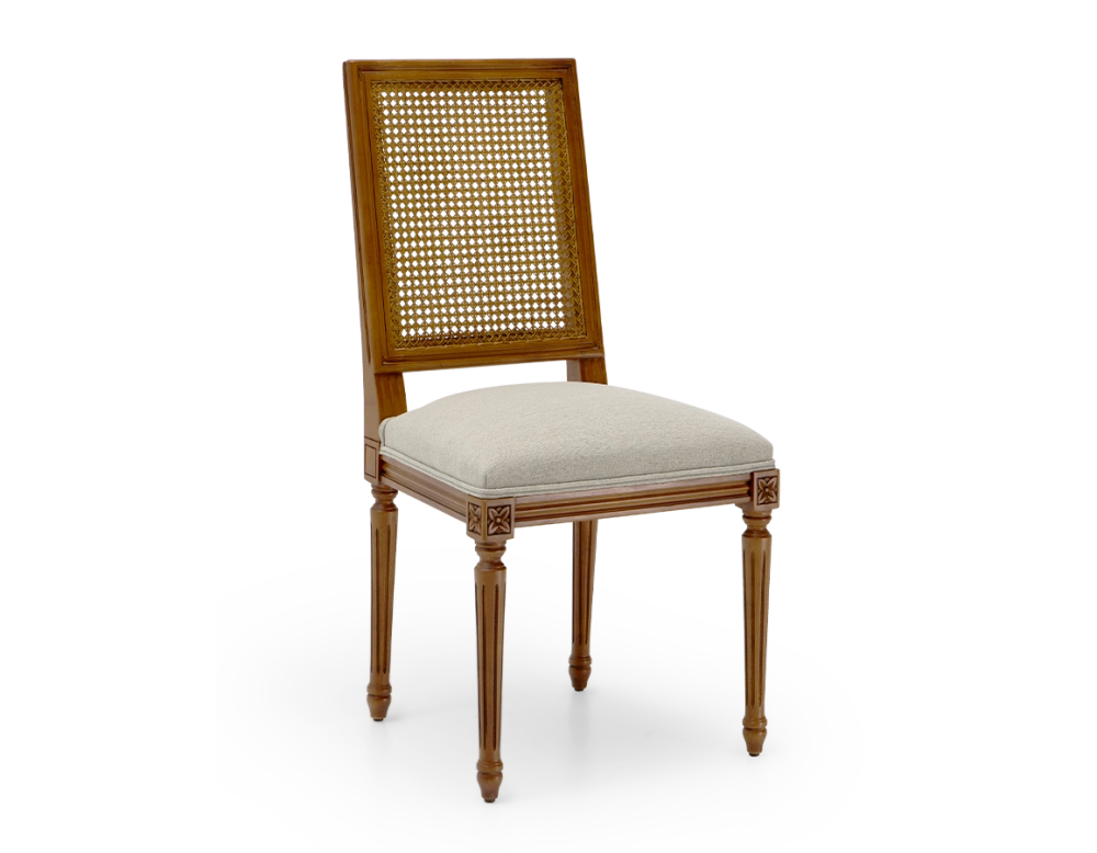 Chaise ancienne style Louis XVI dossier canné assise tissu beige naturel Chaise ancienne style Louis XVI dossier canné assise tissu beige naturel