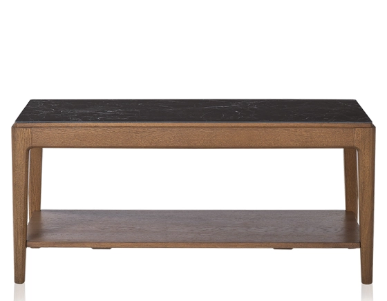 Table basse rectangulaire en chêne et céramique avec tablette en bois teinte noyer plateau céramique effet ardoise 100x50 cm