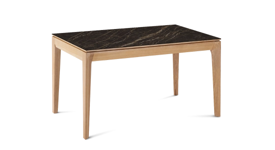 Table extensible 8 à 12 personnes en chêne et céramique allonges céramique avec bois teinte naturelle et plateau et allonges céramique effet marbre noir 180x100 cm