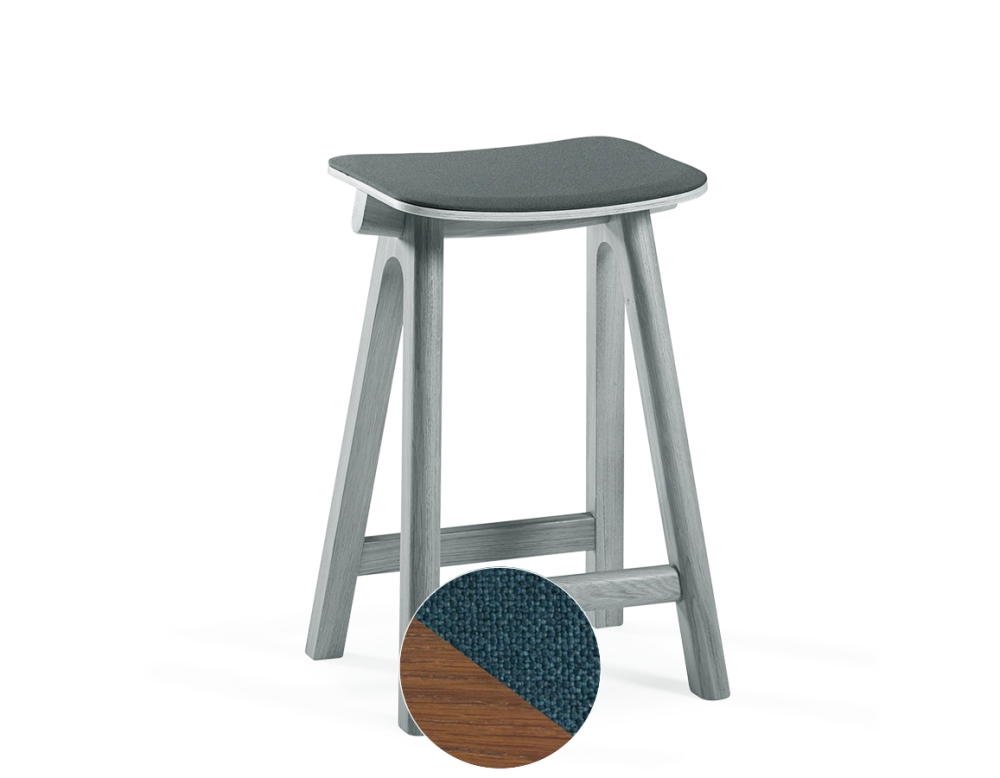 Upholstered oak bar stool H60 cm walnut-stained wood, ocean blue fabric seat Upholstered oak bar stool H60 cm walnut-stained wood, ocean blue fabric seat
