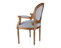 Antique Louis XVI style armchair with armrests aged wood stain and blue chevron fabric Antique Louis XVI style armchair with armrests aged wood stain and blue chevron fabric