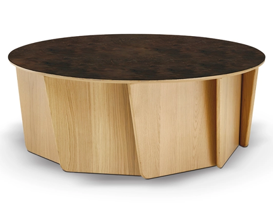 Round coffee table in oak and ceramic with natural stained wood, oxidised brown ceramic top 100 cm
