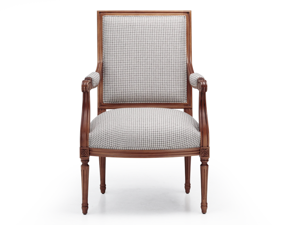 Louis XVI style antique armchair wood antique stain and brown fabric Louis XVI style antique armchair wood antique stain and brown fabric