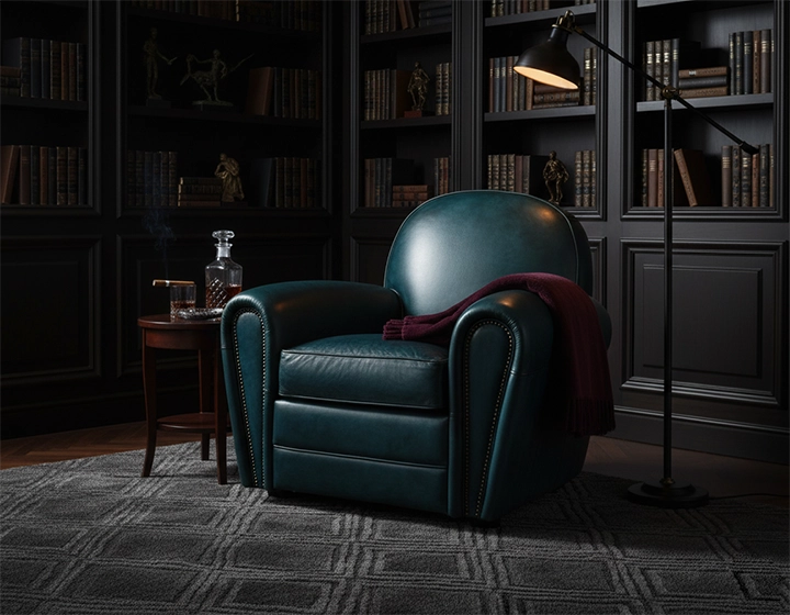 Fauteuil club cuir bleu accoudoirs cloutés