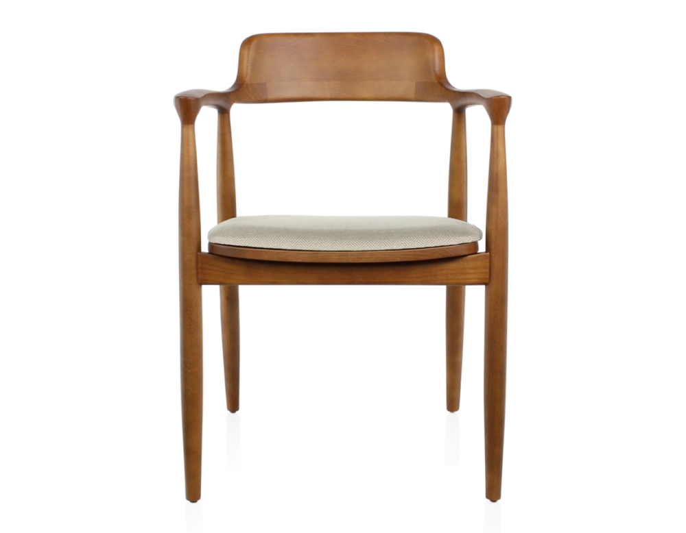 Chaise scandinave bois teinte merisier assise tissu chevron beige Chaise scandinave bois teinte merisier assise tissu chevron beige