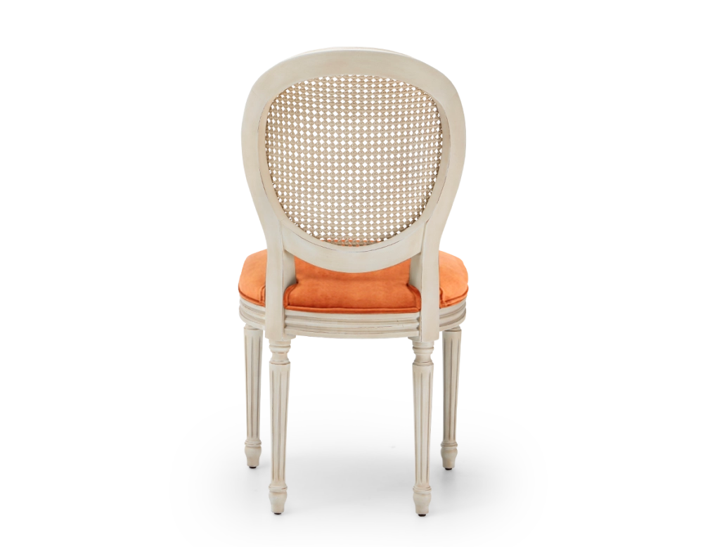 Louis XVI style antique chair white cerused wood with cane back and terracotta velvet seat. Louis XVI style antique chair white cerused wood with cane back and terracotta velvet seat.