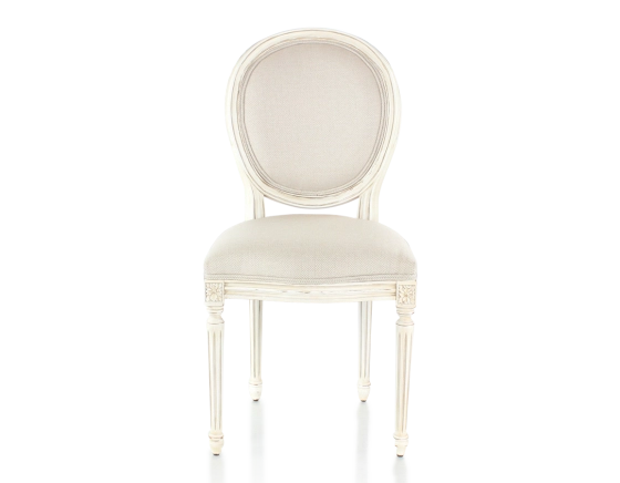 Chaise ancienne style Louis XVI bois teinte blanche cérusée et tissu chevron beige