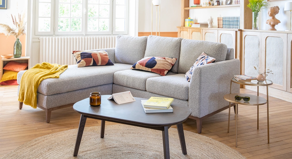 Canapé d'angle méridienne gauche 5 places tissu bouclé taupe (MG - 3D) Canapé d'angle méridienne gauche 5 places tissu bouclé taupe (MG - 3D)