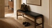 Bench design wood and fabric or leather bois teinte foncée assise cuir noir L120 cm