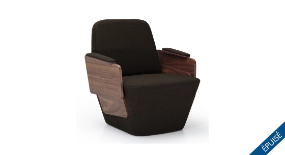 Armchair with armrests design natural walnut frame with anthracite grey fabric seat.