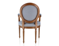 Antique Louis XVI style armchair with armrests aged wood stain and blue chevron fabric Antique Louis XVI style armchair with armrests aged wood stain and blue chevron fabric