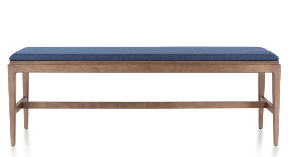 Banc design bois teinte noyer assise tissu bleu marine L120 cm