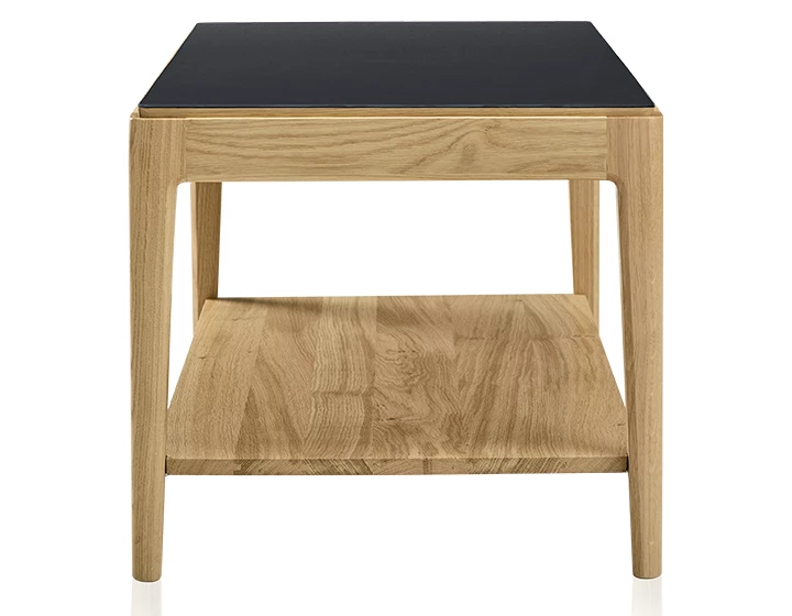 Table basse rectangulaire en chêne et céramique avec tablette en bois teinte naturelle plateau céramique noir unie 100x50 cm