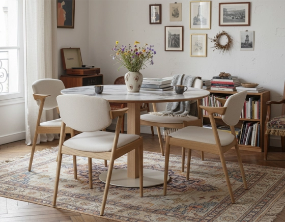 Chaise scandinave bois teinte naturelle assise tissu blanc cassé