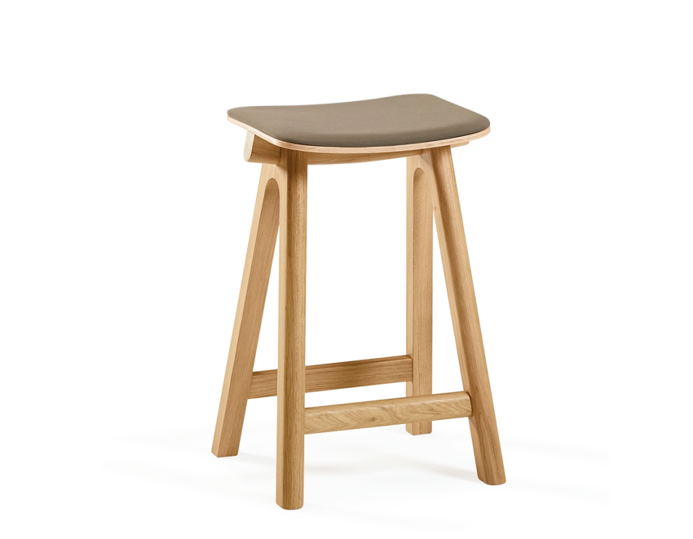 Upholstered oak bar stool H60 cm wood natural tint seat taupe fabric Upholstered oak bar stool H60 cm wood natural tint seat taupe fabric