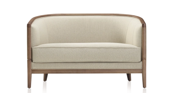 Canapé ancien 2 places bois teinte noyer et tissu beige naturel