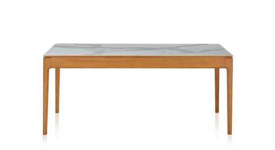 Table salle à manger 6 personnes en chêne et céramique avec bois teinte merisier et plateau céramique effet marbre blanc 140x90 cm