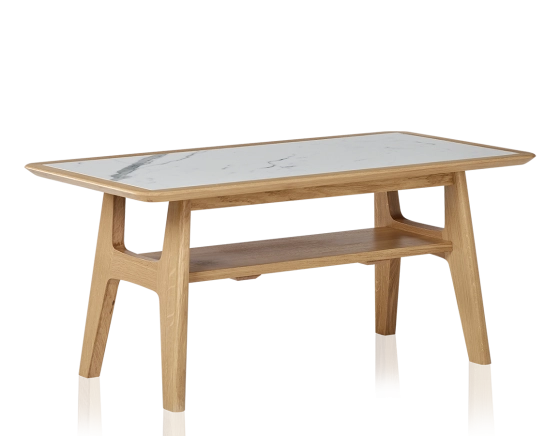 Table basse rectangulaire en chêne et céramique avec bois teinte naturelle plateau céramique effet marbre blanc 100x50 cm
