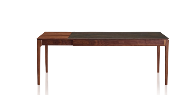 Extending table for 8 to 12 people in walnut and ceramic with wooden extensions with natural stained wood and oxidised brown ceramic top 210x90 cm