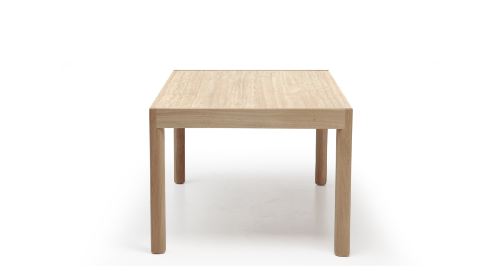 Extending table for 8 to 12 people in oak and ceramic with ceramic extensions natural wood finish and ceramic travertine stone effect 180x100 cm Extending table for 8 to 12 people in oak and ceramic with ceramic extensions natural wood finish and ceramic travertine stone effect 180x100 cm