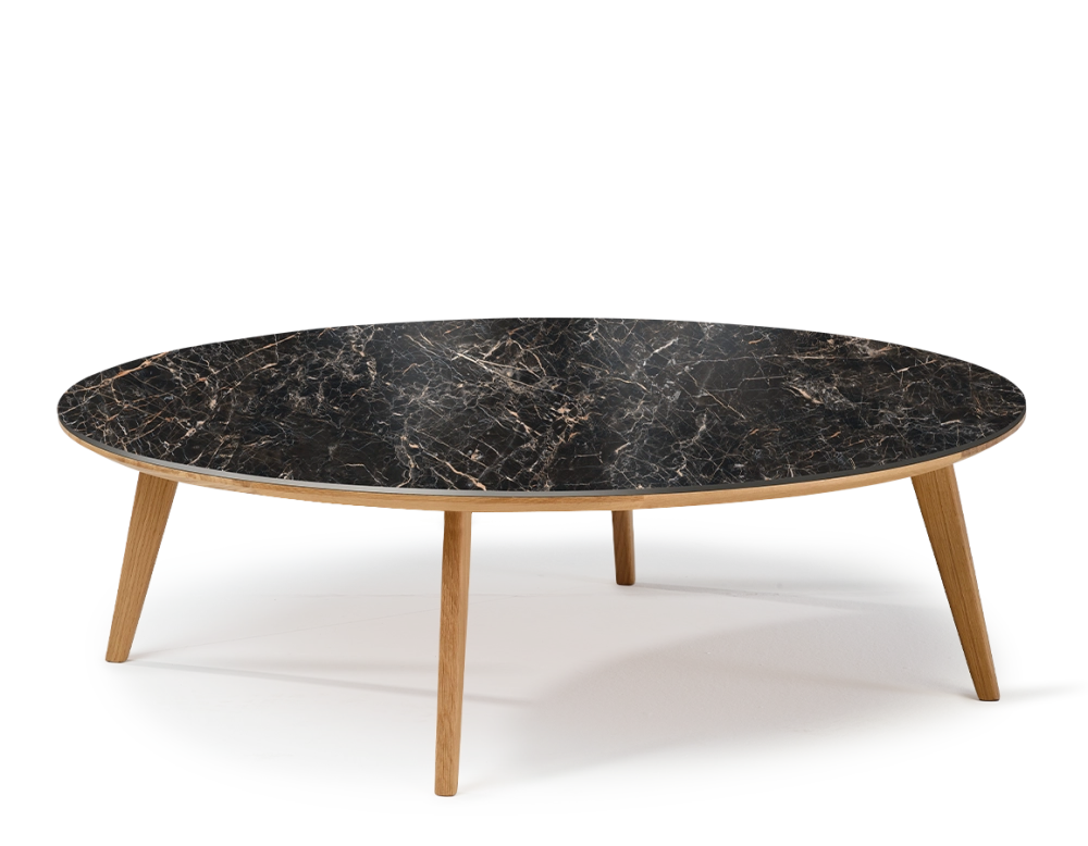 Table basse ronde F1 en chêne et céramique bois teinte naturelle plateau céramique effet marbre noir 120x120x40 cm