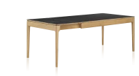 Table extensible 6 à 12 personnes en chêne et céramique allonges céramique avec bois teinte naturelle et plateau et allonges céramique effet ardoise 140x100 cm
