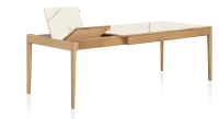 Table extensible 8 à 12 personnes en chêne et céramique allonges céramique avec bois teinte naturelle et plateau et allonges céramique effet marbre blanc 160x100 cm