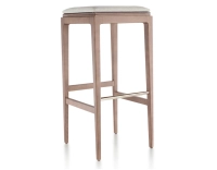 Tabouret de bar design H80 cm bois teinte noyer assise tissu beige naturel Tabouret de bar design H80 cm bois teinte noyer assise tissu beige naturel