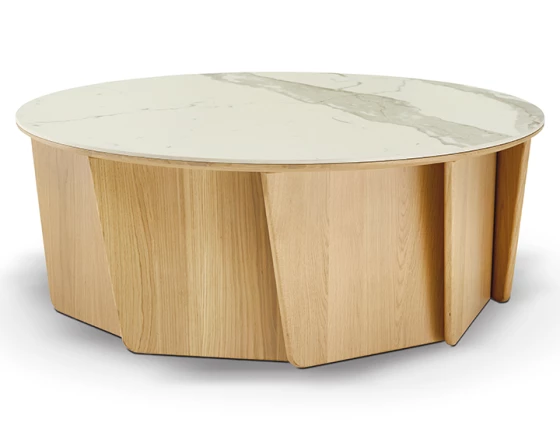 Table basse ronde en chêne et céramique avec bois teinte naturelle plateau céramique effet marbre blanc 80 cm