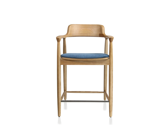 Bar stool h60 cm natural tint wood, denim blue fabric seat