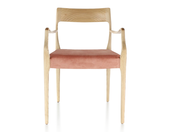 Chaise scandinave avec accoudoirs bois teinte naturelle assise tissu velours rose pâle