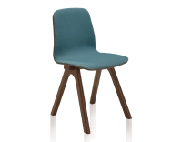 Chaise design en chêne tapissé bois teinte marron foncé assise tissu bleu océan Chaise design en chêne tapissé bois teinte marron foncé assise tissu bleu océan