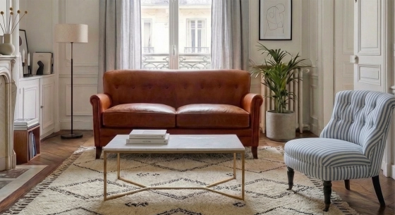 Canapé club cuir 2 places marron clair accoudoirs cloutés