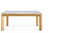 Table extensible 6 à 10 personnes en chêne et céramique allonges céramique avec bois teinte naturelle et plateau et allonge céramique effet marbre blanc 160x90 cm